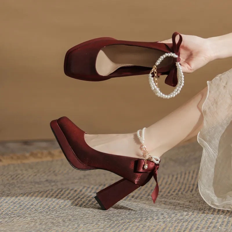 GOSO Chunky Heel High Heels Women's Burgundy-3