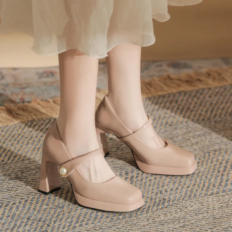 GOSO Chunky Heel High Heels 9CM Women's Nude Pink-4