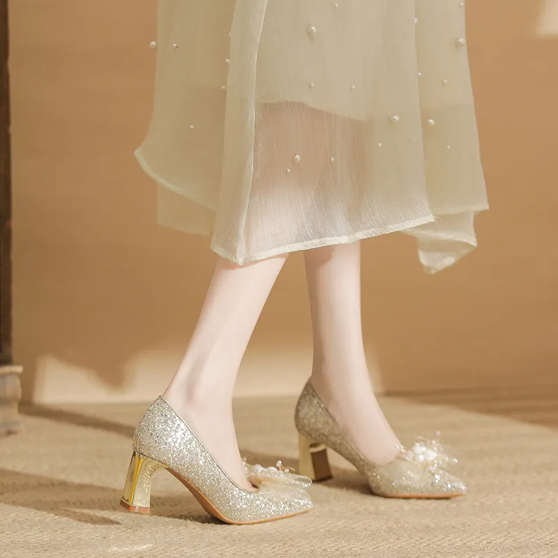 GOSO Chunky Heel High Heels Women's Champagne Gold-5