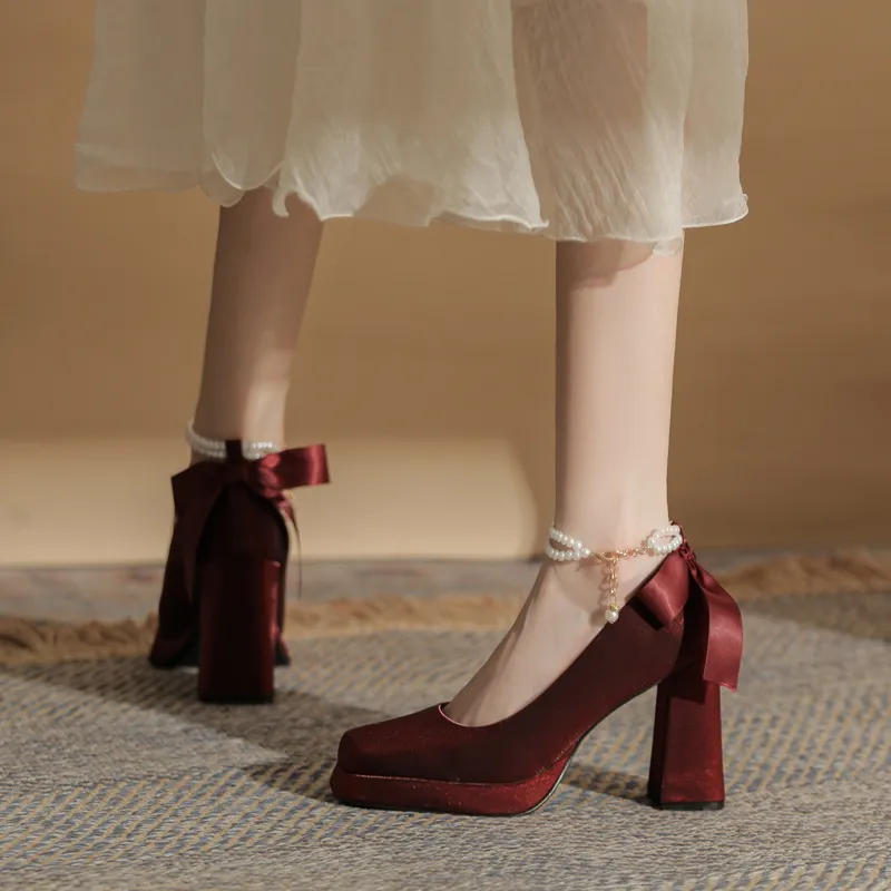 GOSO Chunky Heel High Heels Women's Burgundy-5