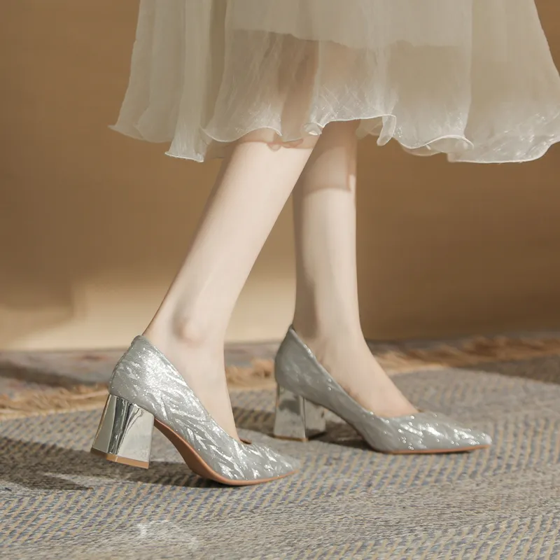 GOSO Chunky Heel High Heels Women's Silver-4