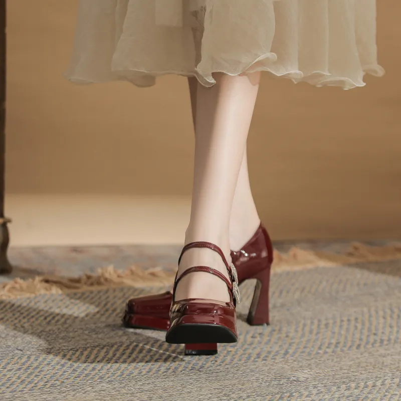 GOSO Chunky Heel High Heels 9CM Women's Burgundy-5