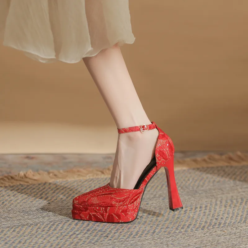 GOSO Chunky Heel High Heels 11.5CM Women's Red-2