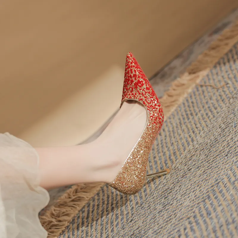 GOSO Slim Heel High Heels 7CM Women's Red Gold-6