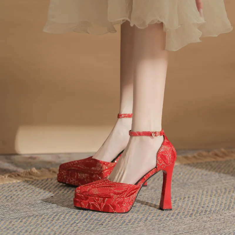 GOSO Chunky Heel High Heels 11.5CM Women's Red-3