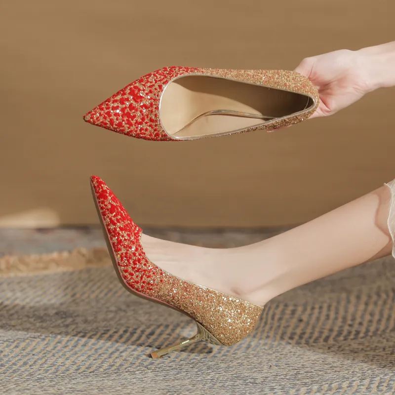 GOSO Slim Heel High Heels 7CM Women's Red Gold-1