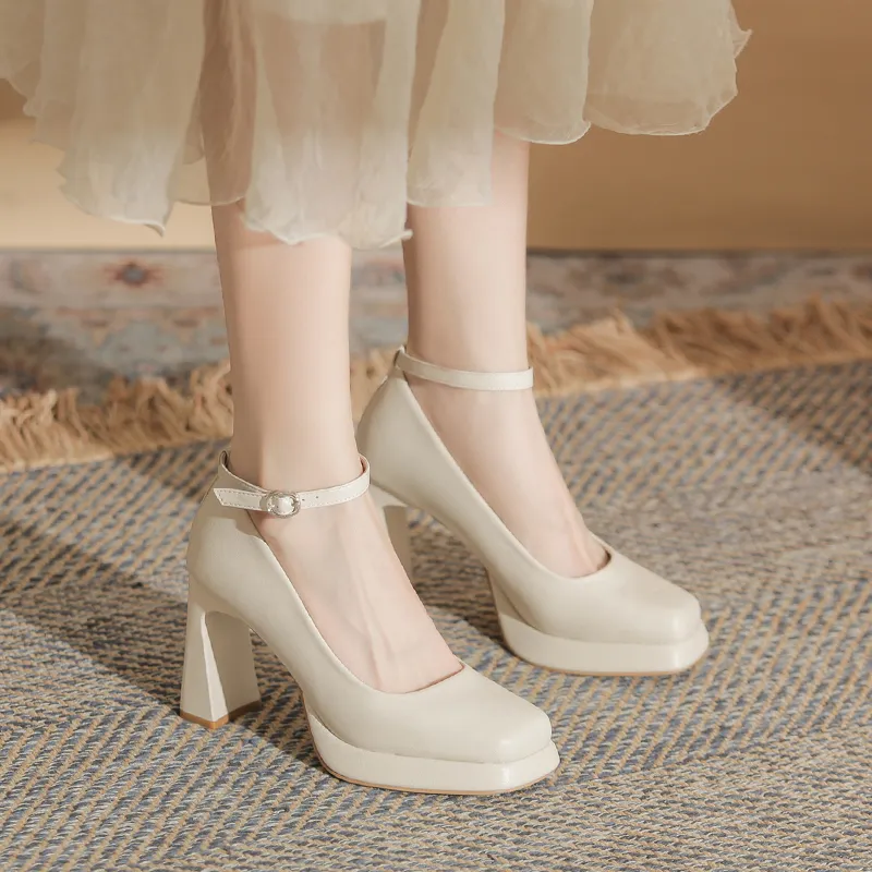 GOSO Chunky Heel High Heels Women's Ecru-2