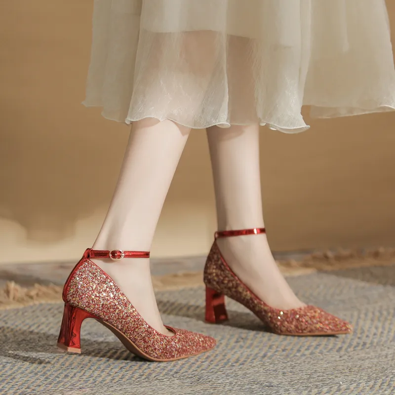 GOSO Chunky Heel High Heels Women's Red-5
