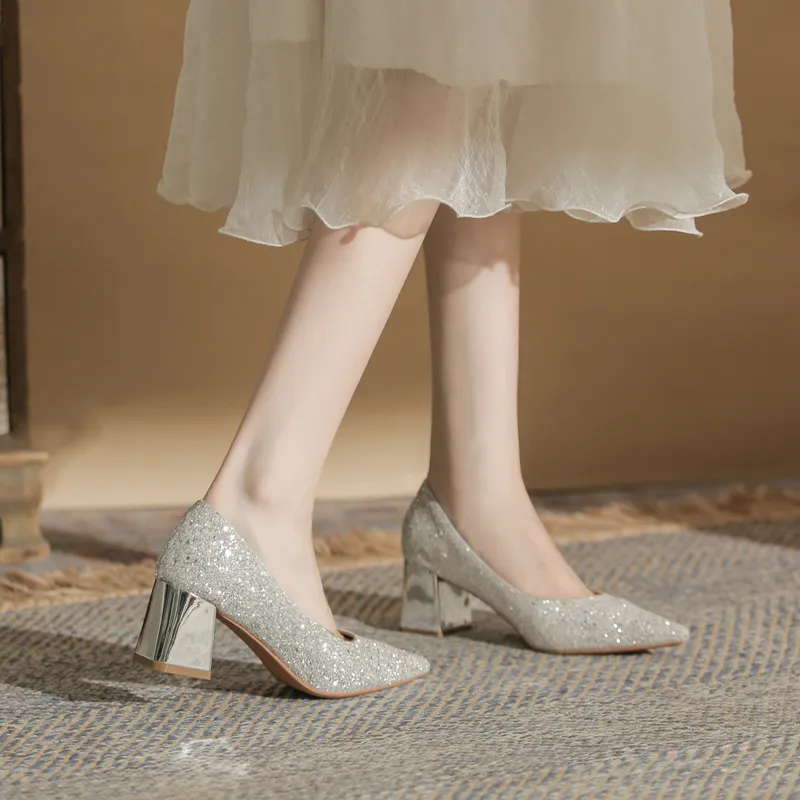 GOSO Chunky Heel High Heels Women's Silver-1