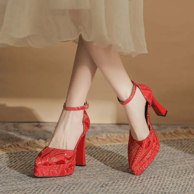 GOSO Chunky Heel High Heels 11.5CM Women's Red-4