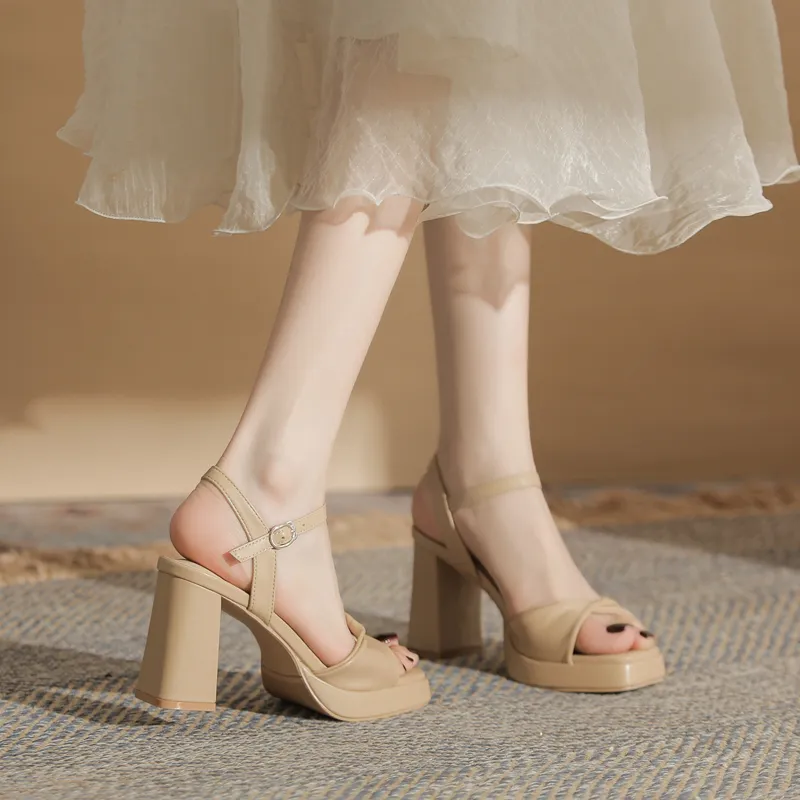 GOSO One Strap Sandals 8.5CM Women's Milk Tea-3