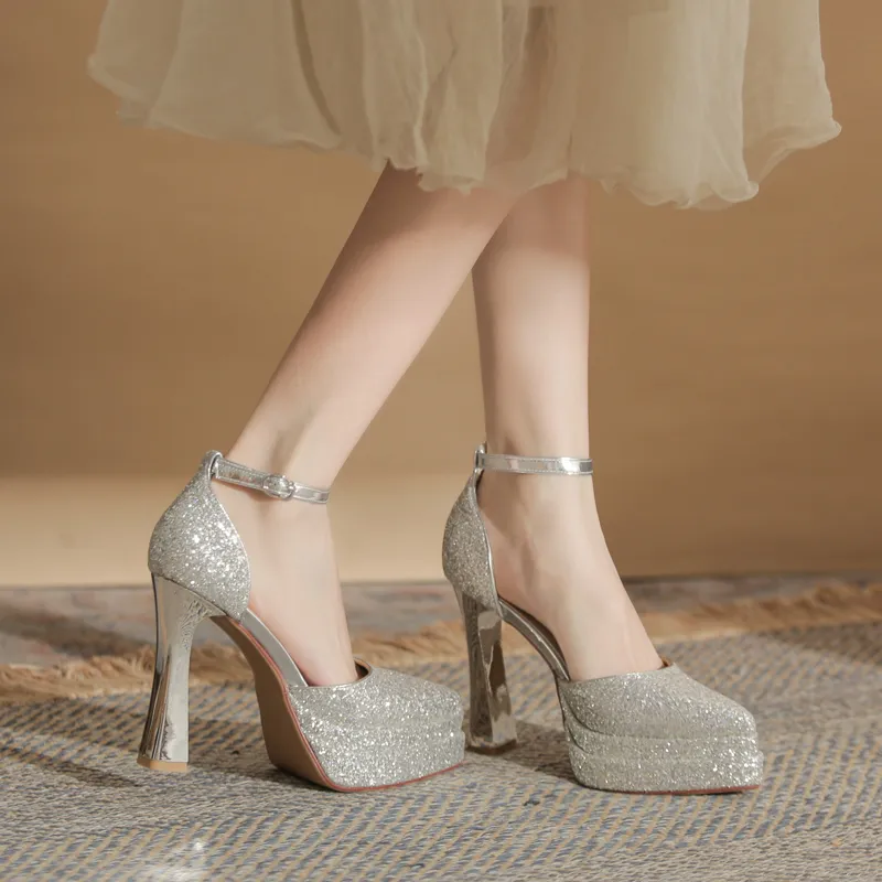 GOSO Chunky Heel High Heels Women's Silver-4