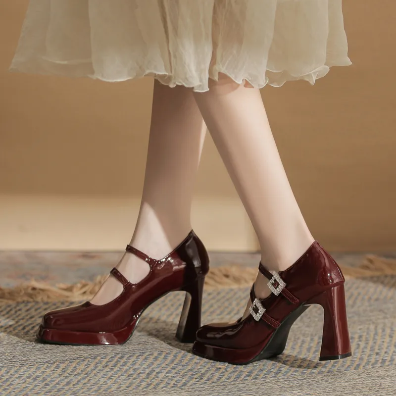 GOSO Chunky Heel High Heels 9CM Women's Burgundy-2