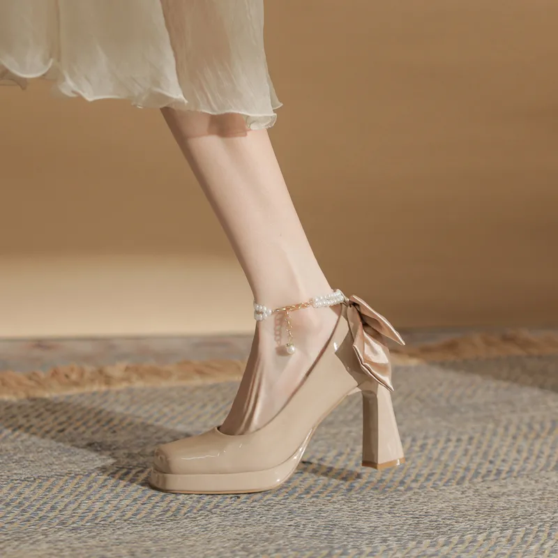 GOSO Chunky Heel High Heels 9CM Women's Nude-3