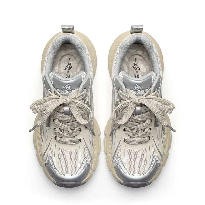 Mule Donkey Lightweight Height Increasing Low Top Chunky Sneakers Unisex White Gray-5
