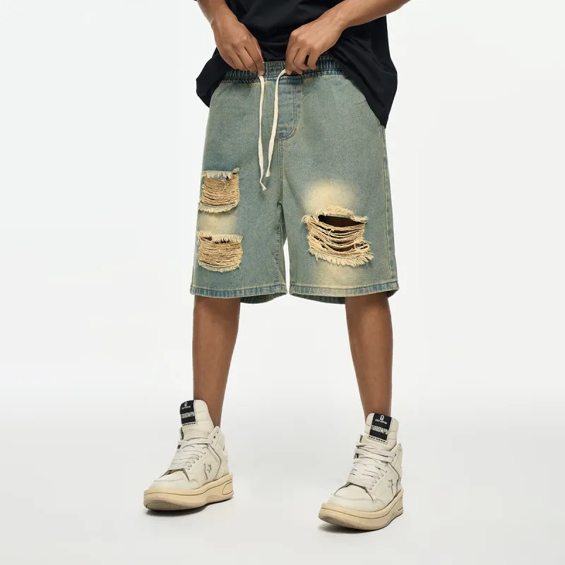YearnObtainRainbow Denim Shorts Unisex Yellow Mud-7