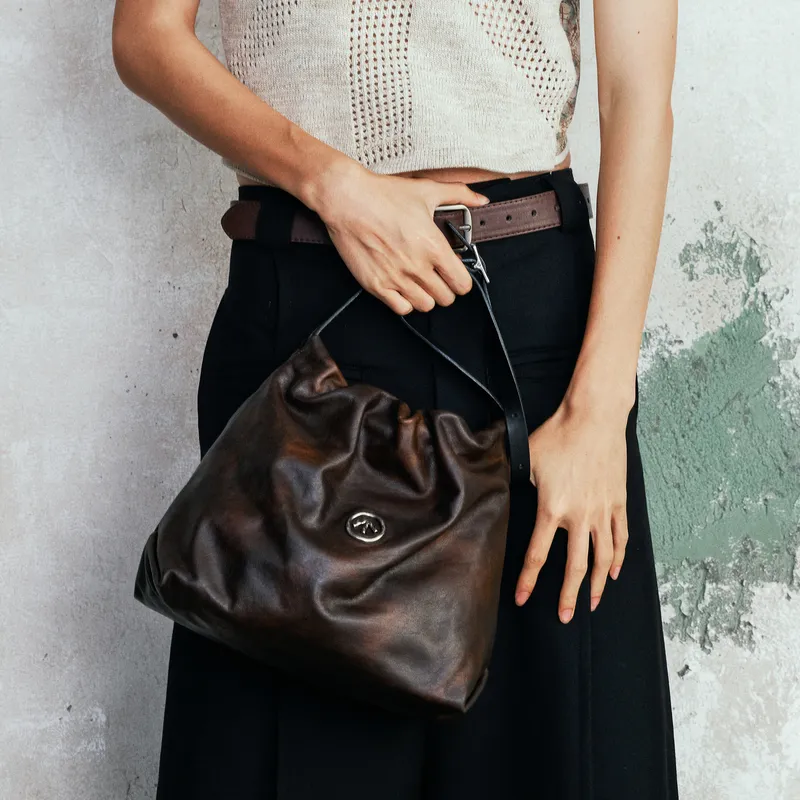 GROTTO Cow Leather Trash Bag Shoulder Bag Crossbody Bag Regular Unisex Charcoal Brown-3