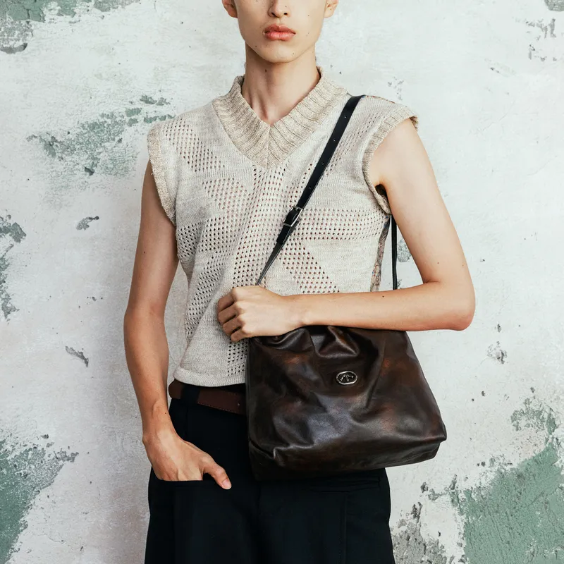 GROTTO Cow Leather Trash Bag Shoulder Bag Crossbody Bag Regular Unisex Charcoal Brown-4