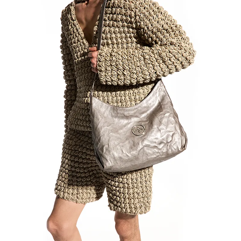 GROTTO Hobo Series Sheepskin One Shoulder Crossbody Soft Bag Large Size Unisex Moon Silver-3