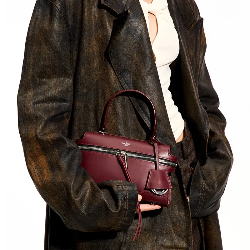 GROTTO Cow Leather Handbag Women's Vintage Red-3