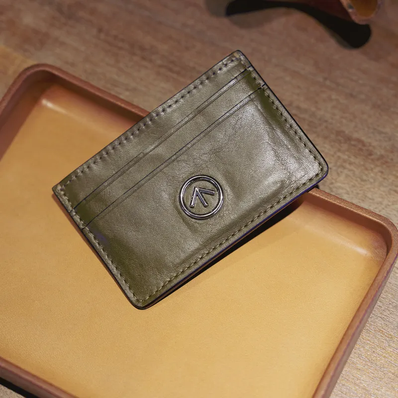GROTTO Calfskin Genuine Leather Card Clip Card Holder Regular Unisex Olive Green-7