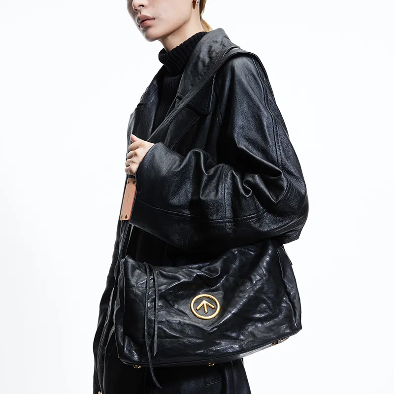 GROTTO Sheepskin Black Stone Bag Shoulder Bag Crossbody Bag Medium Size Unisex Black-3