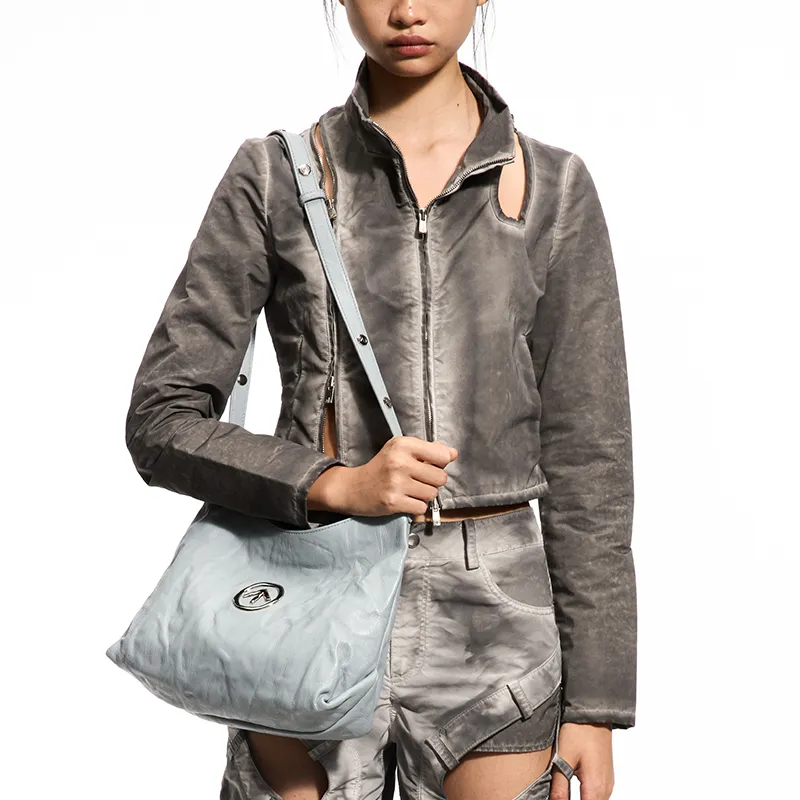 GROTTO Hobo Series Sheepskin One Shoulder Crossbody Soft Bag Regular Unisex Haze Blue-3