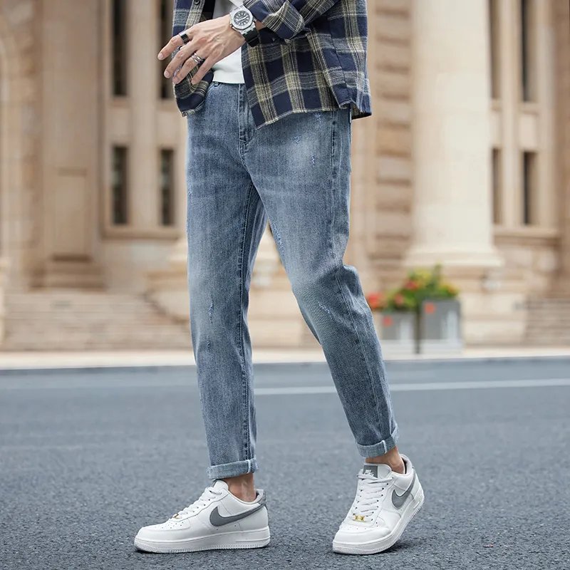 YUQIAN Jeans Men Blue Gray Ankle Length Pants-2
