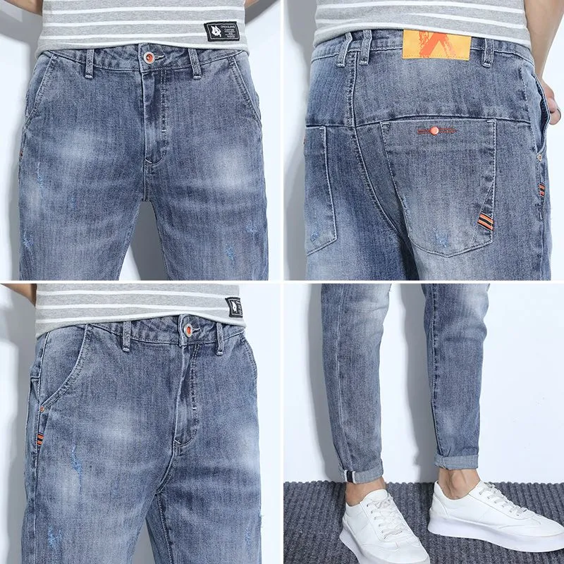 YUQIAN Jeans Men Blue Gray Ankle Length Pants-4