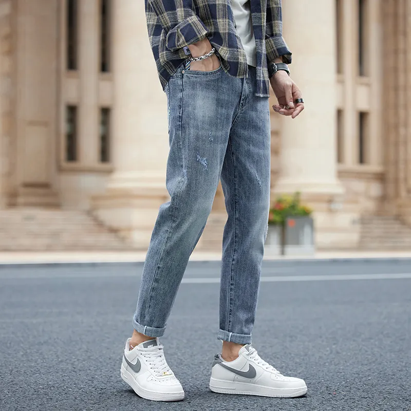 YUQIAN Jeans Men Blue Gray Ankle Length Pants-4