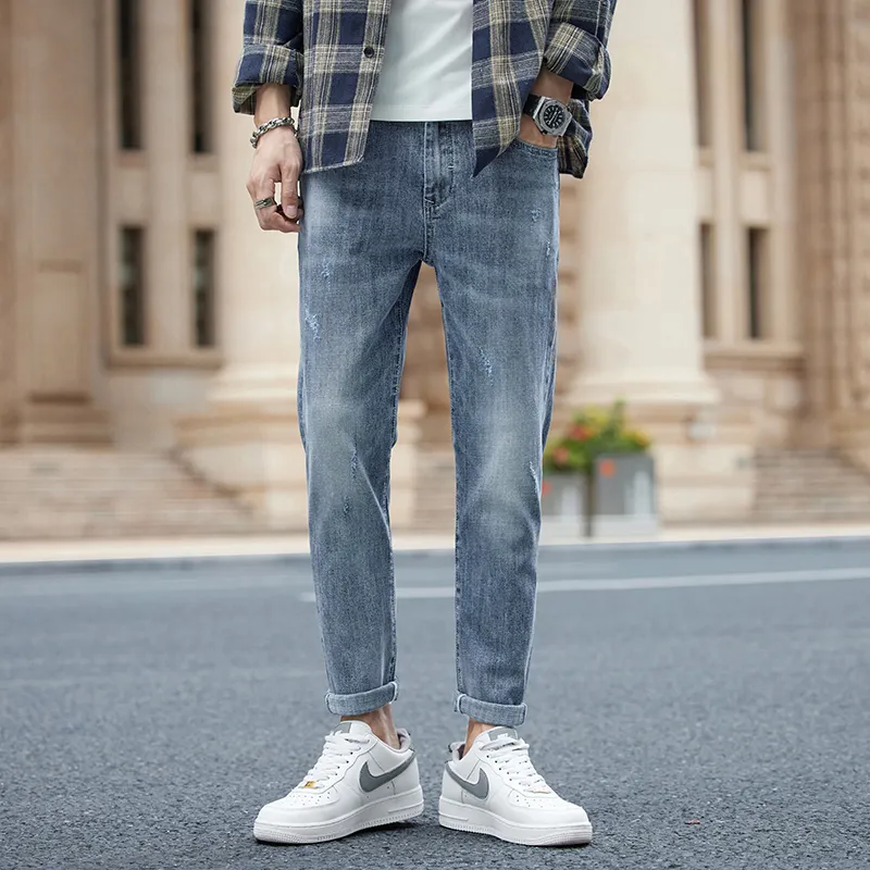 YUQIAN Jeans Men Blue Gray Ankle Length Pants-3