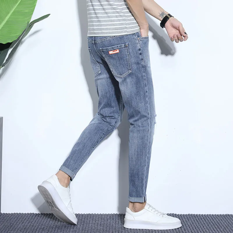 YUQIAN Jeans Men Blue Gray Ankle Length Pants-3