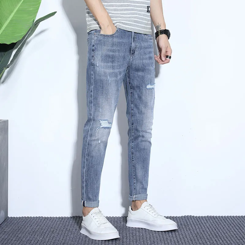 YUQIAN Jeans Men Blue Gray Ankle Length Pants-1