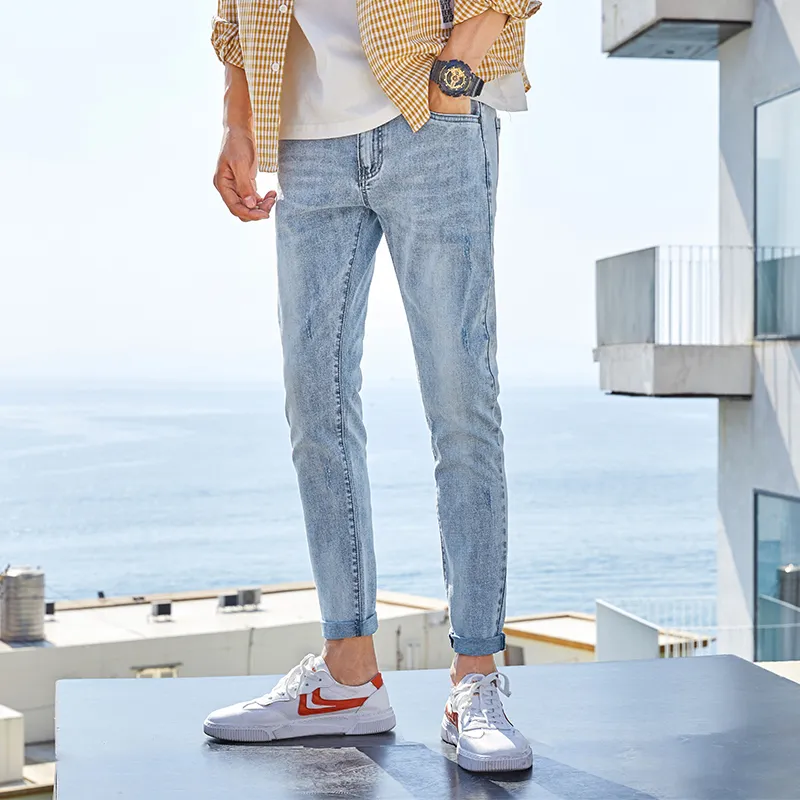 YUQIAN Jeans Men Blue Gray Ankle Length Pants-2