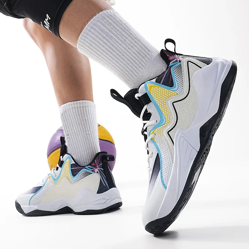 Meiretu Cushioning And Abrasion Resistant Coverage Mid Top Basketball Shoes Unisex White Black-3