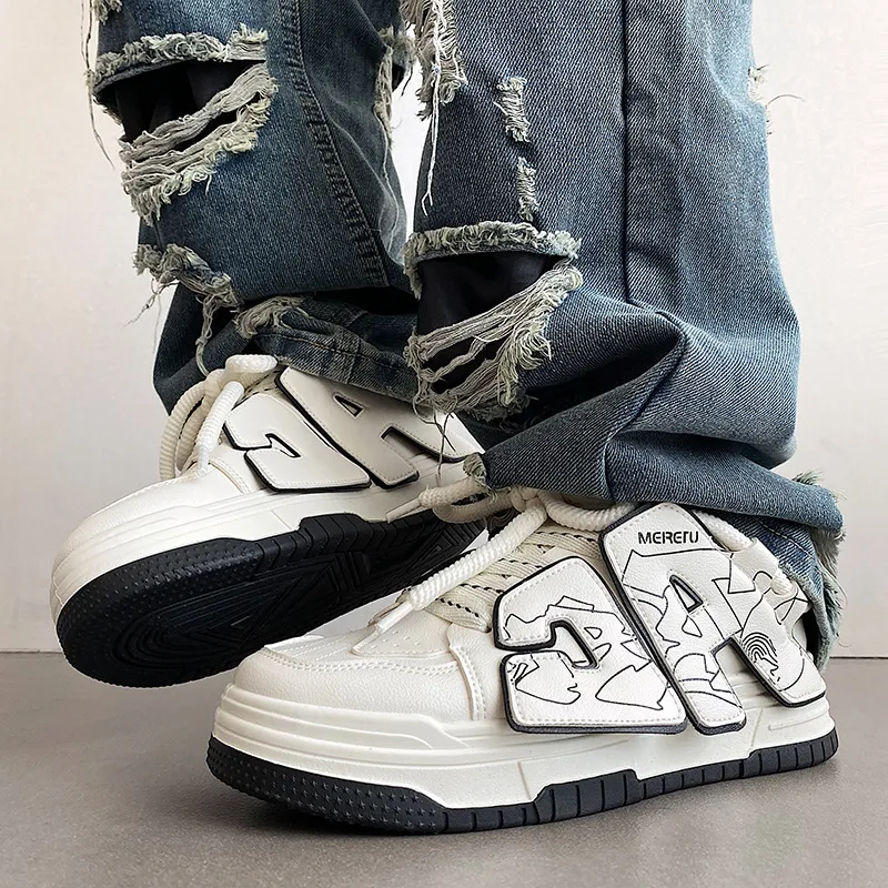 Meiretu Puffy Shoes Anti Slip Wear Resistant Low Top Skateboard Shoes Men's White-6