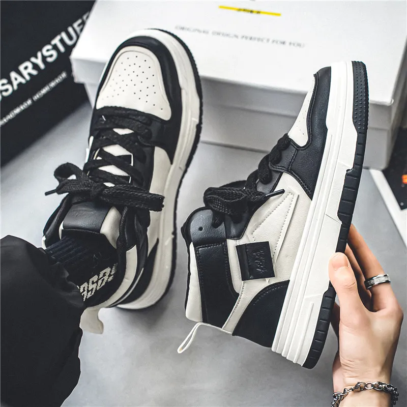 Meiretu Abrasion Resistant High Top Skateboard Shoes Men's Black-5