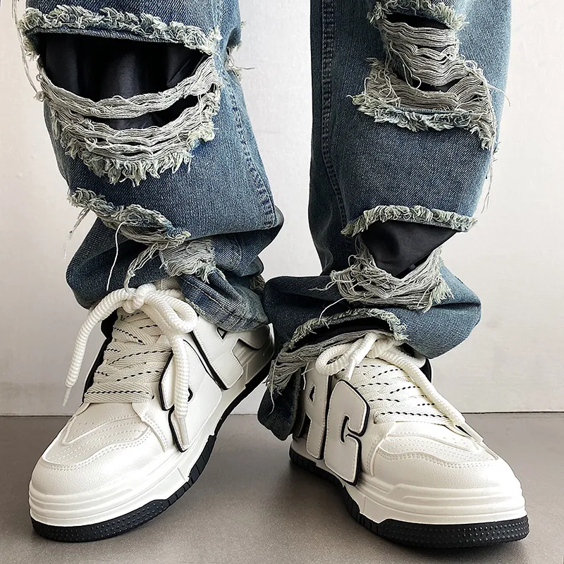 Meiretu Puffy Shoes Anti Slip Wear Resistant Low Top Skateboard Shoes Men's White-10