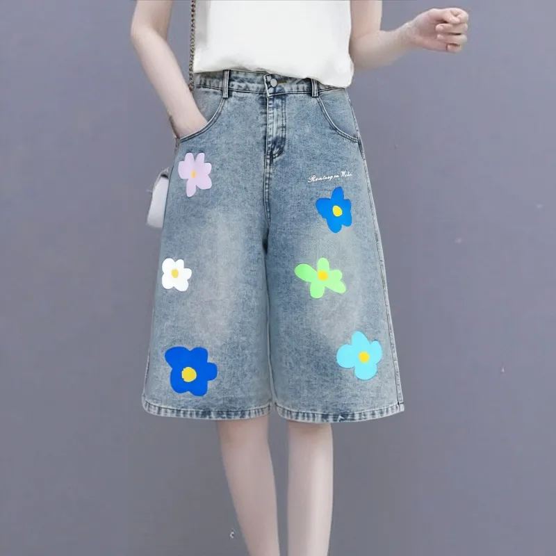 Flowers In Water Denim Shorts Unisex Blue-2