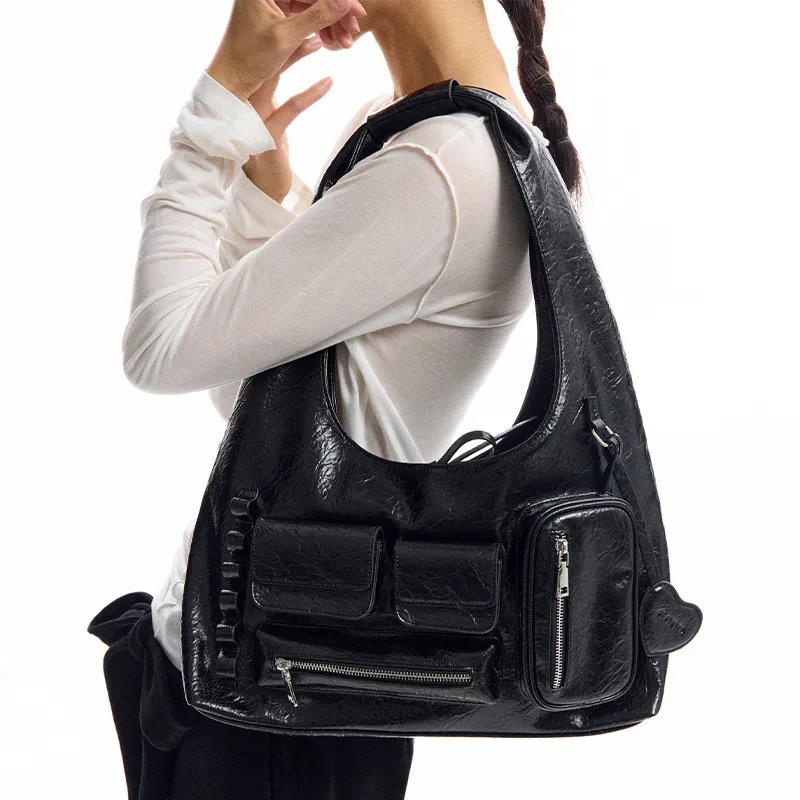 CONP PU Hobo Shoulder Bag Women's Black-2