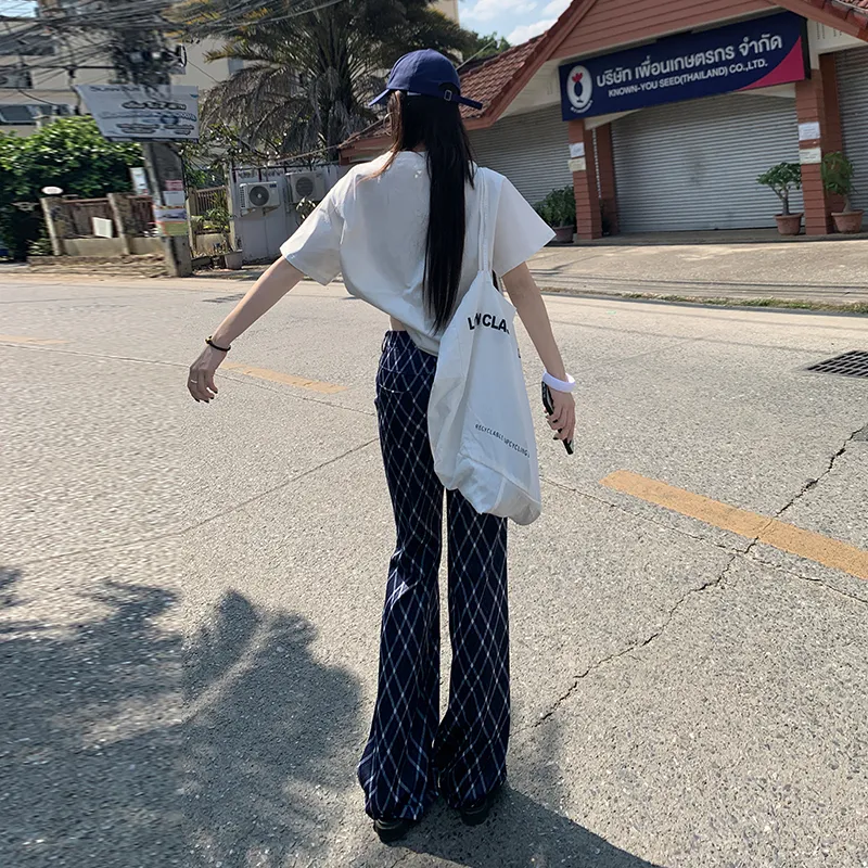 ZAZN Casual Pants Women's Blue White Plaid Diamond-6