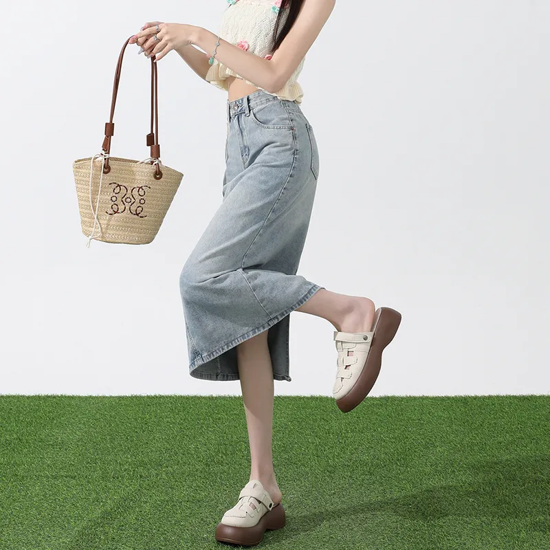 ZAZN Denim Long Skirts Women's Light Blue-1