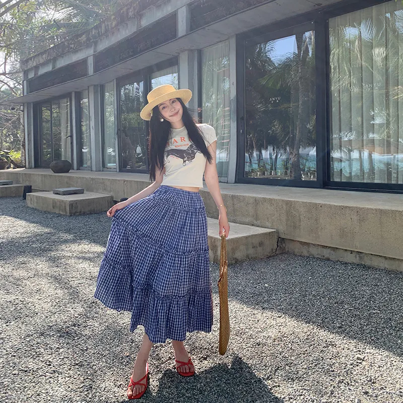 ZAZN Casual Long Skirts Women's Blue Plaid-2