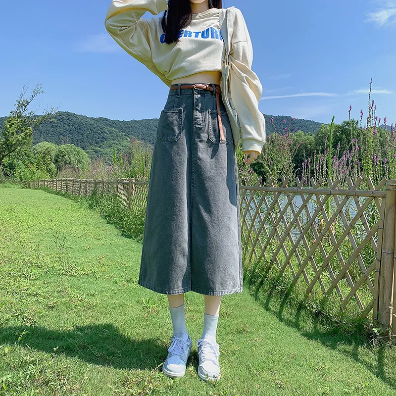 ZAZN Denim Long Skirts Women's Dark Blue-27