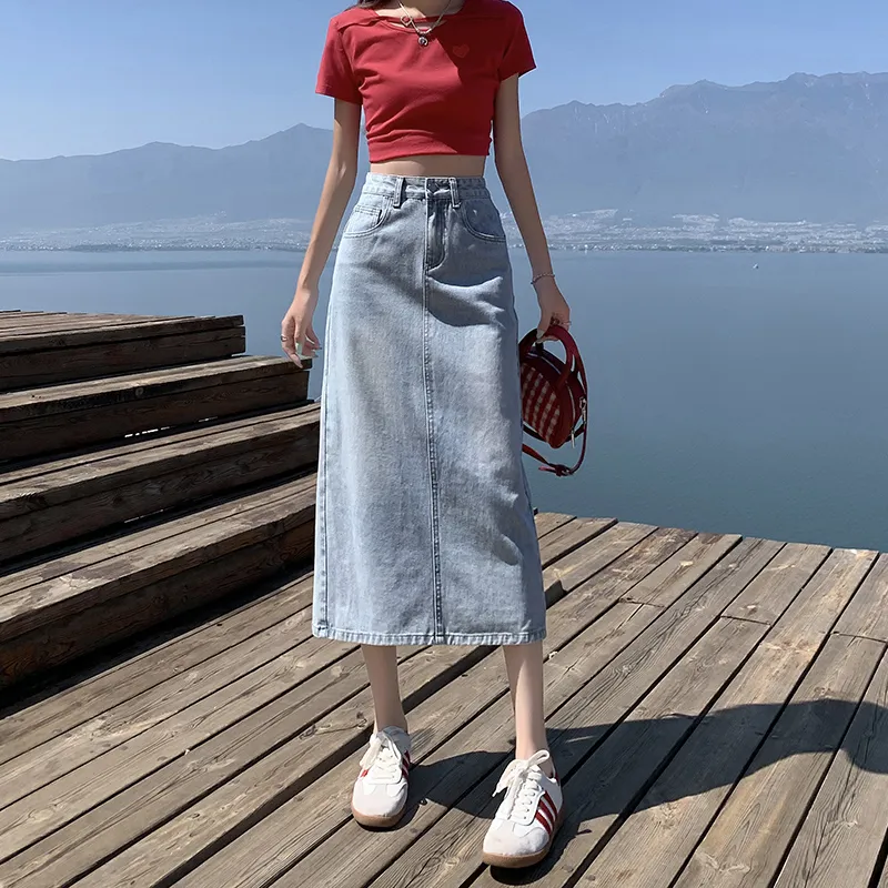 ZAZN Denim Long Skirts Women's Light Blue-6