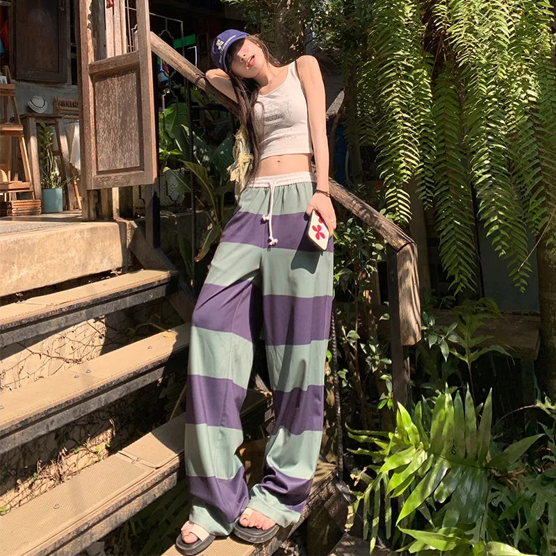 ZAZN Casual Pants Women's Purple Green Stripes-4