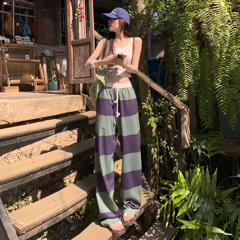 ZAZN Casual Pants Women's Purple Green Stripes-3