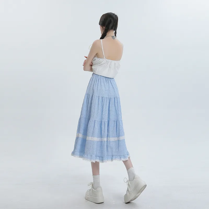 ZAZN Casual Long Skirts Women's Plaid Blue-3