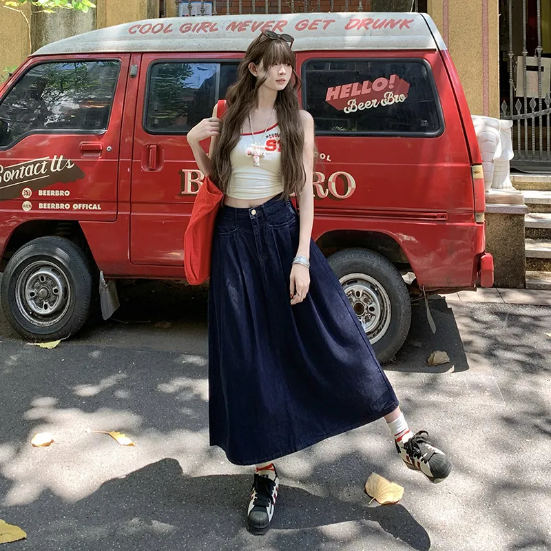 ZAZN Denim Long Skirts Women's Navy Blue-5