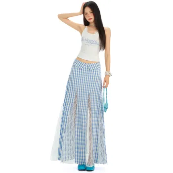 ZAZN Casual Long Skirts Women's Blue Plaid